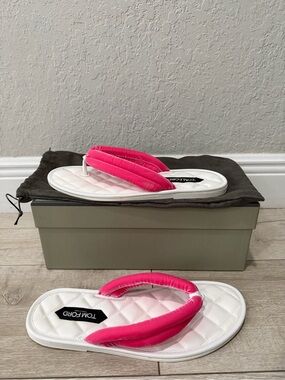 Tom Ford White Quilted Flip Flops with Bright Pink Velvet Straps